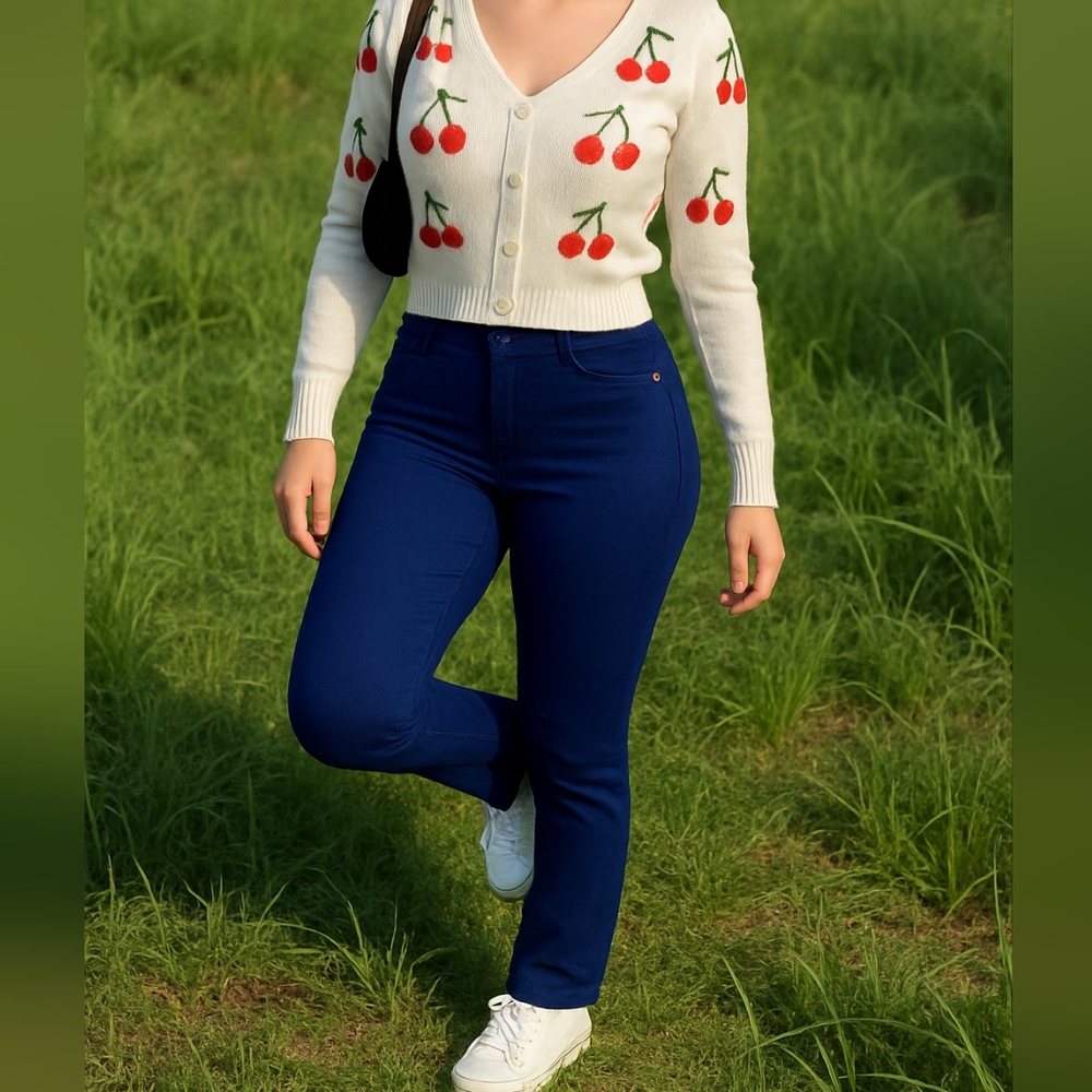 Cherry Cardigan and Blue Jeans